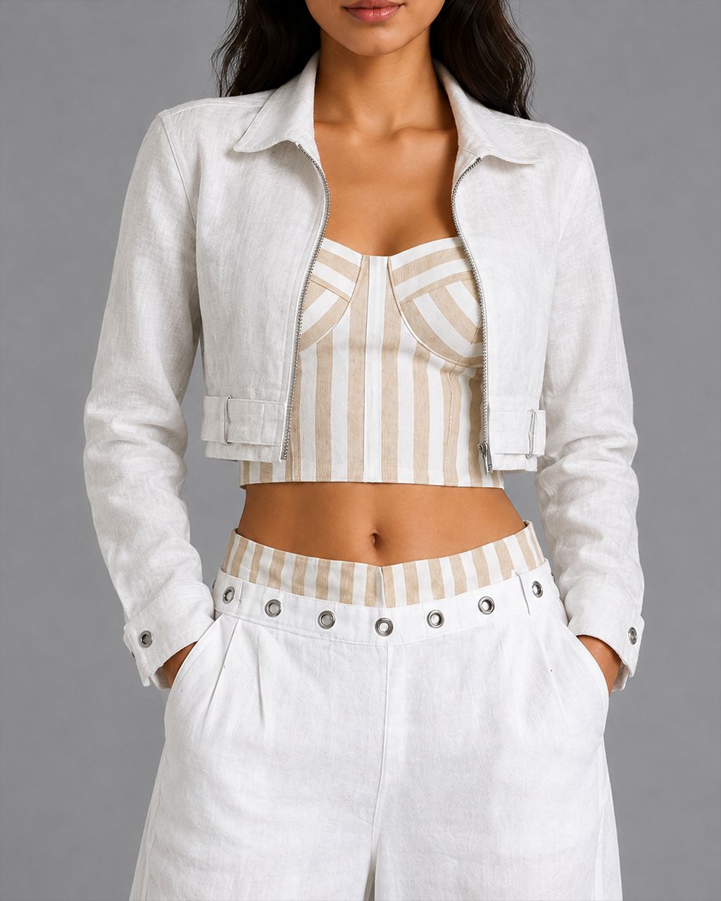 Crop Jacket – White Zip-Front Collared Jacket with Belted Hem & Snap Cuffs