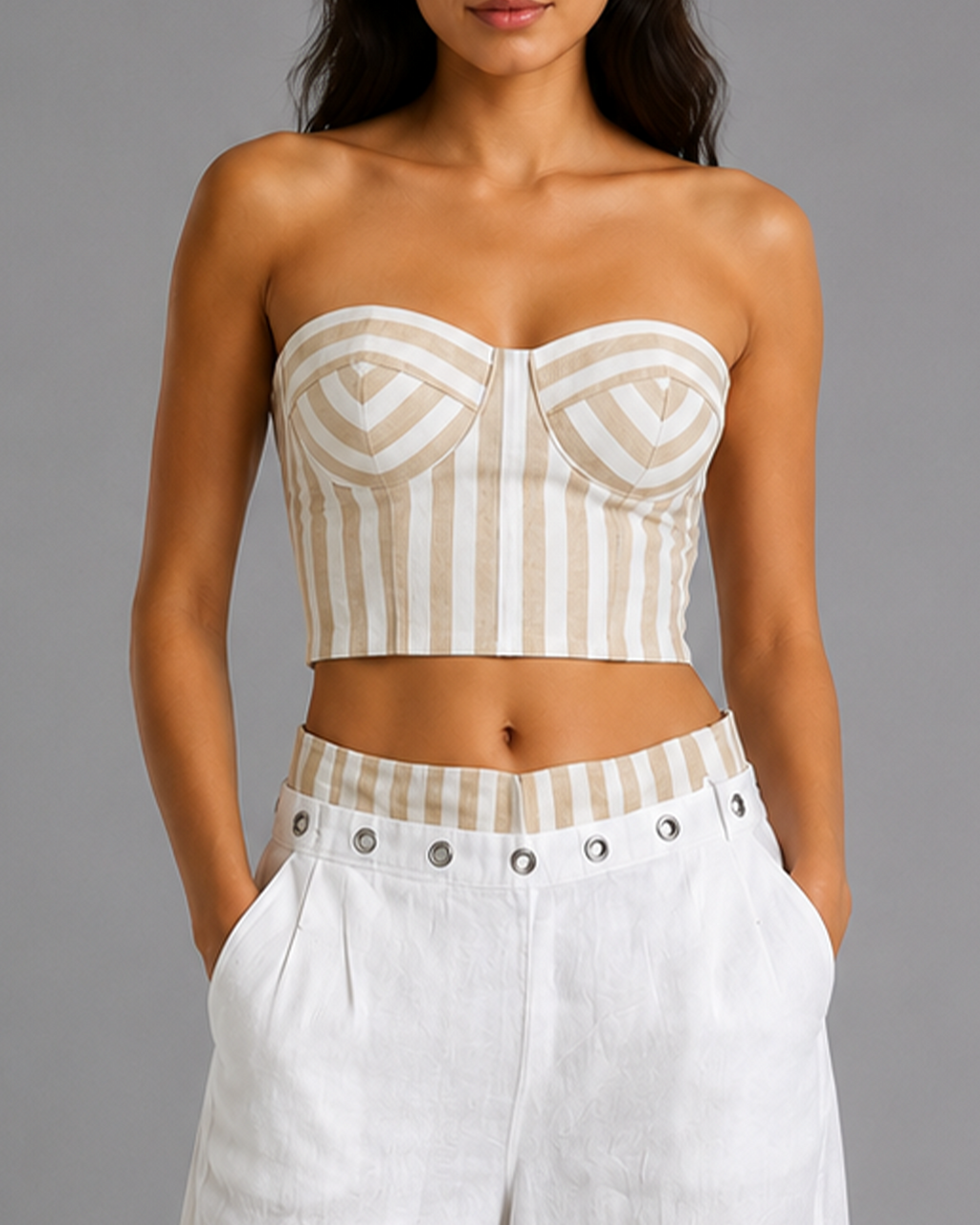 Bustier Corset Top – Beige & Cream Striped Strapless Sweetheart Corset Top