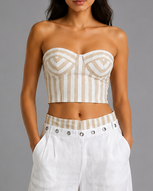 Bustier Corset Top – Beige & Cream Striped Strapless Sweetheart Corset Top