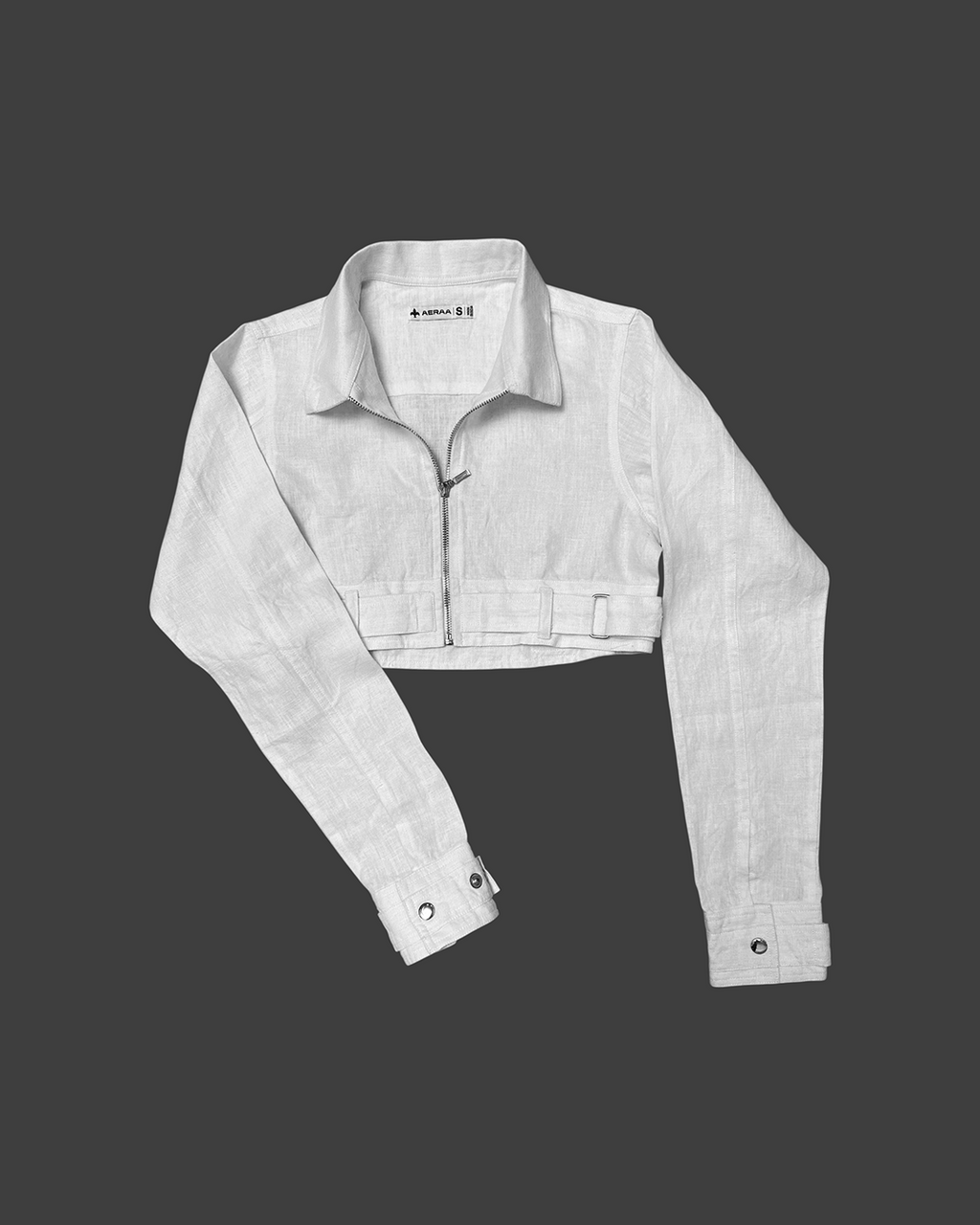 Crop Jacket – White Zip-Front Collared Jacket with Belted Hem & Snap Cuffs