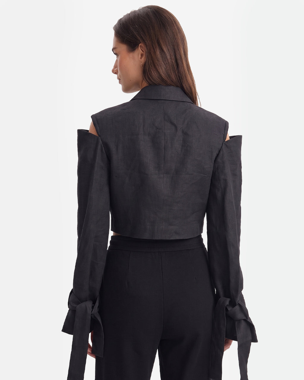 Linen Cold-Shoulder Crop Blazer