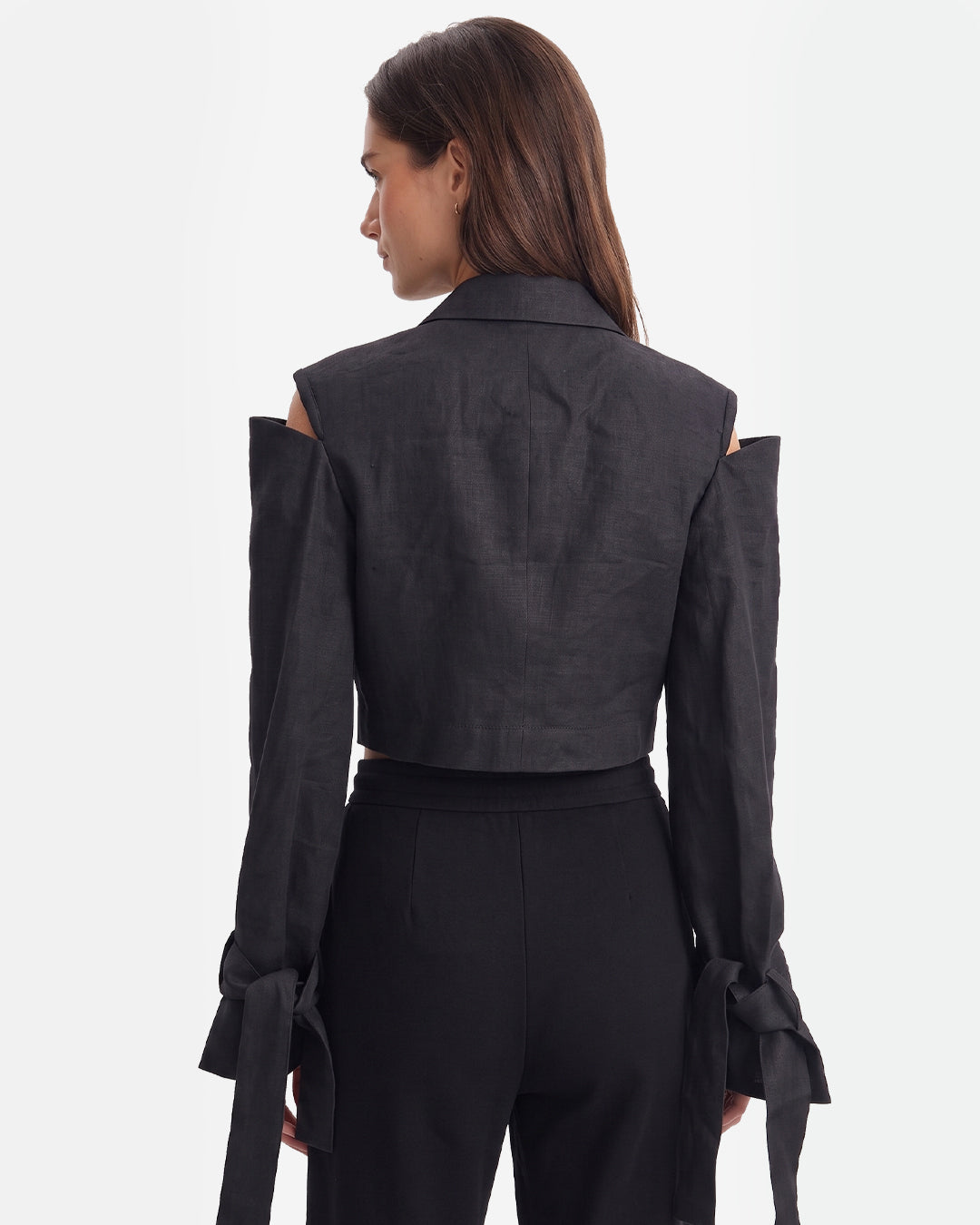 Linen Cold-Shoulder Crop Blazer