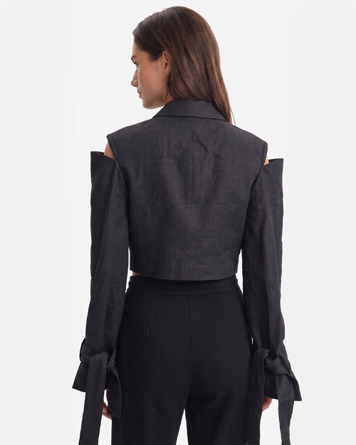 Linen Cold-Shoulder Crop Blazer
