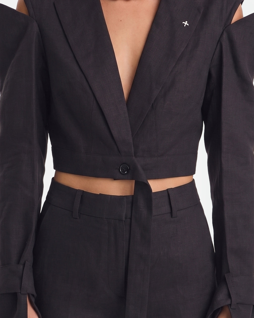 Linen Cold-Shoulder Crop Blazer