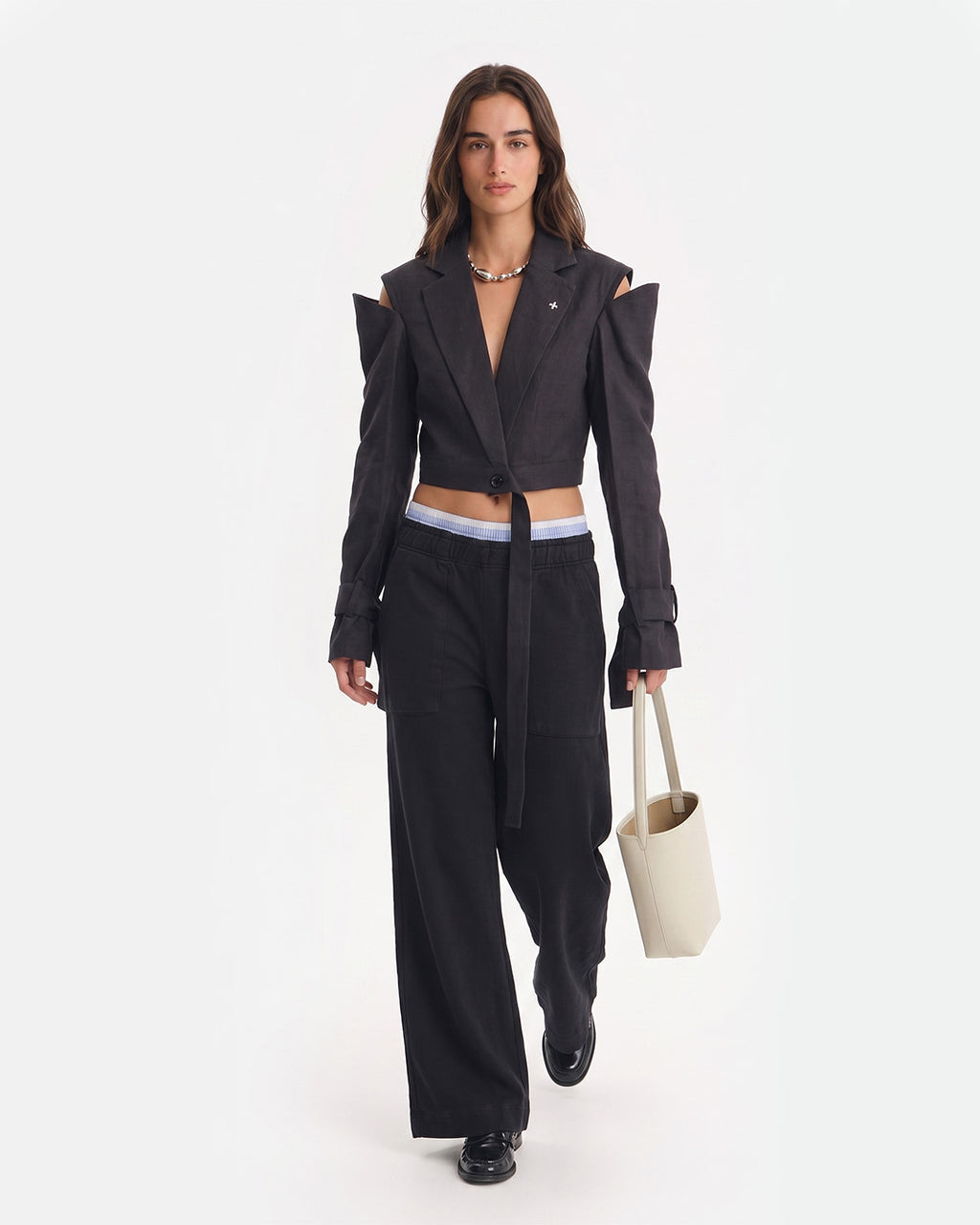 Linen Cold-Shoulder Crop Blazer