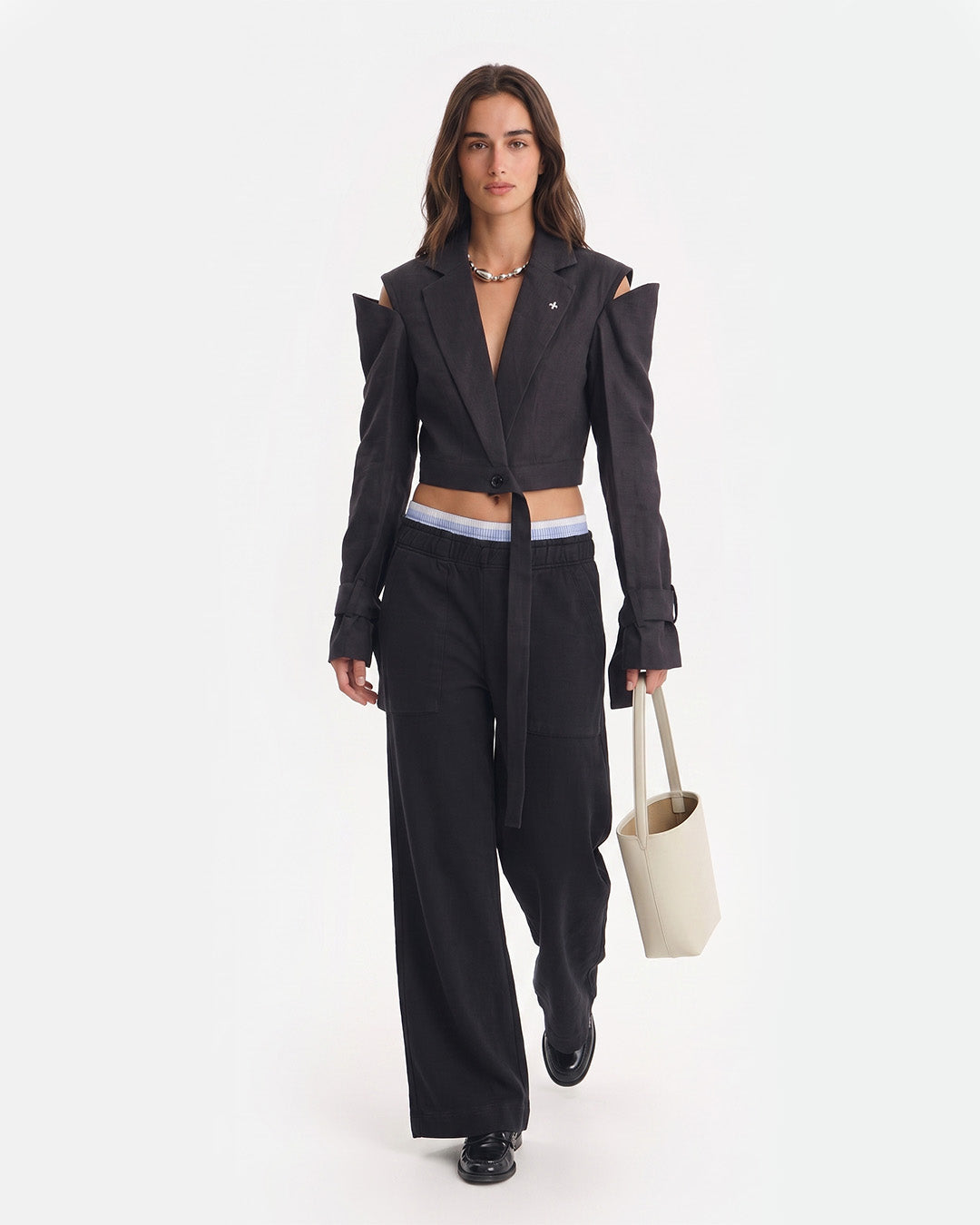 Linen Cold-Shoulder Crop Blazer