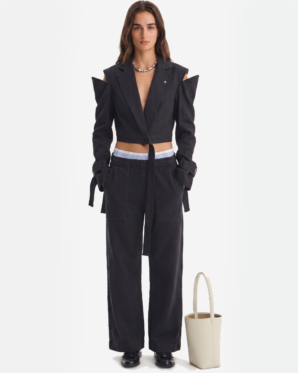 Linen Cold-Shoulder Crop Blazer