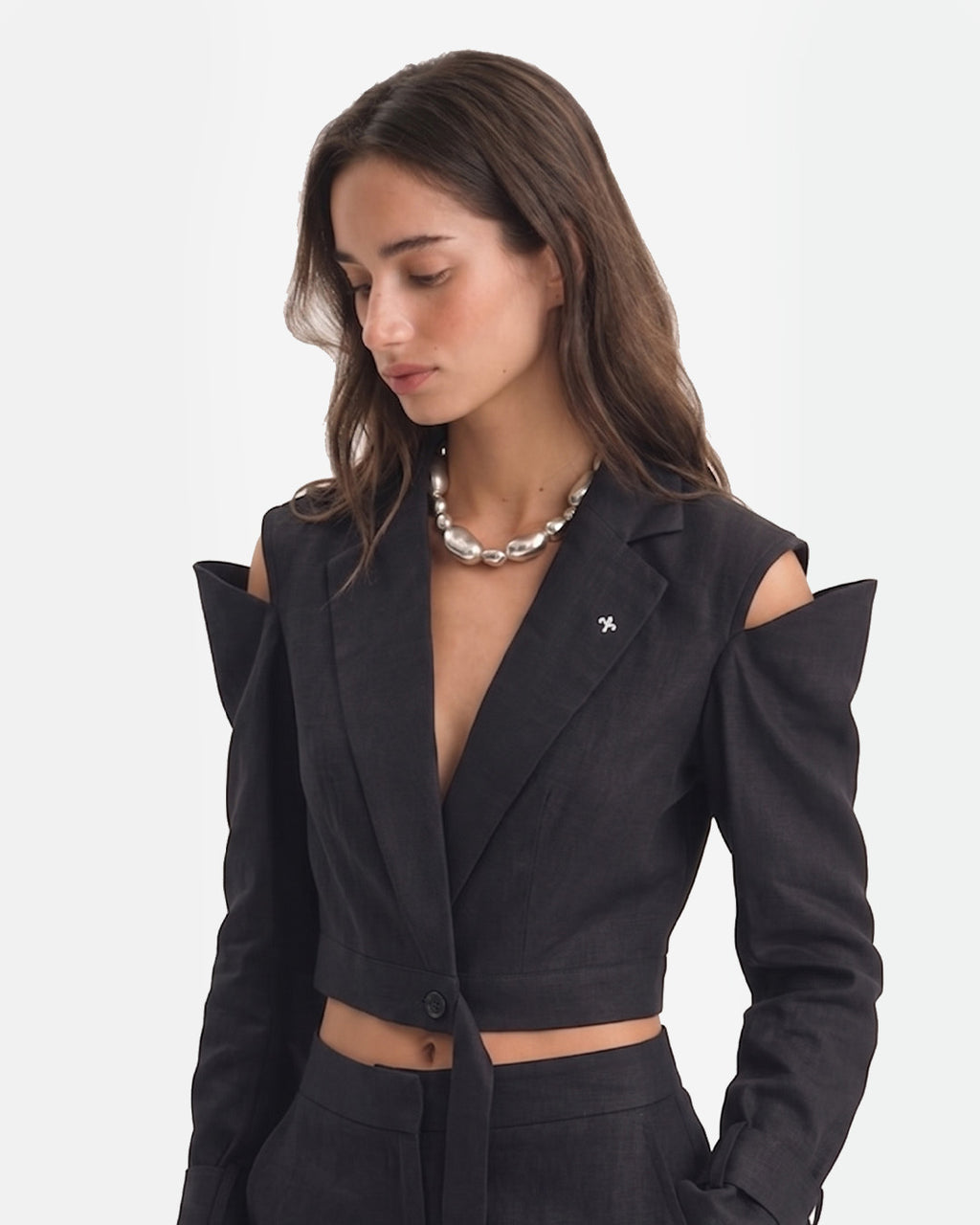 Linen Cold-Shoulder Crop Blazer