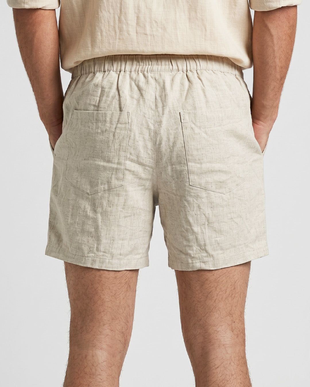 Men's Beige Pure Linen Drawstring Shorts