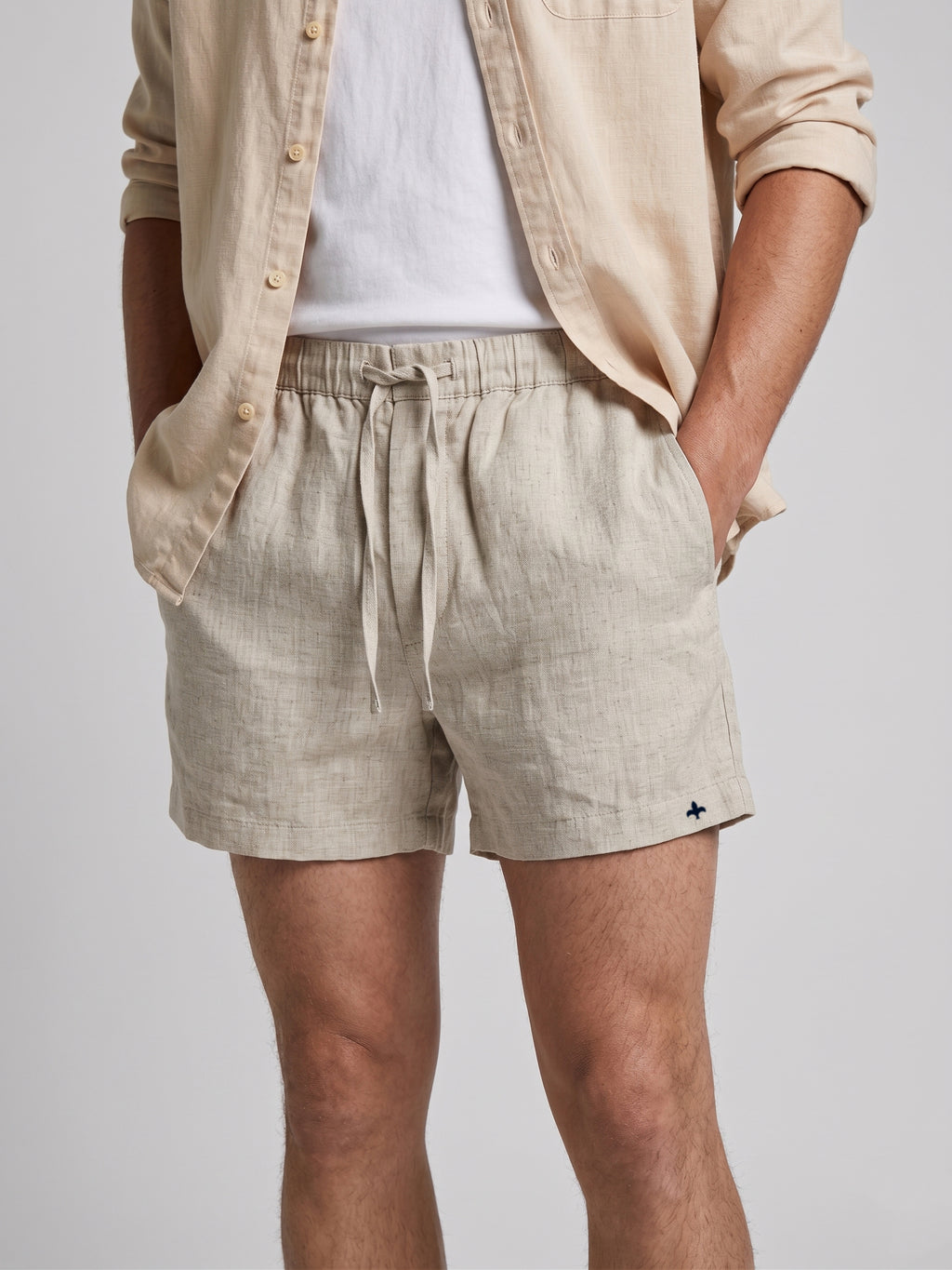 Men's Beige Pure Linen Drawstring Shorts