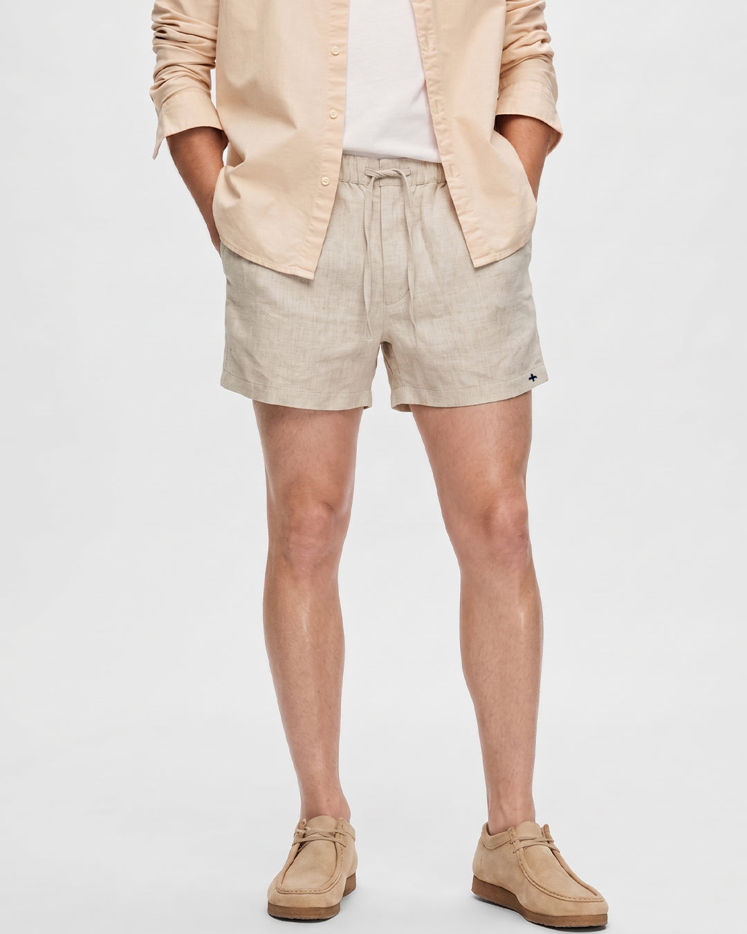 Men's Beige Pure Linen Drawstring Shorts