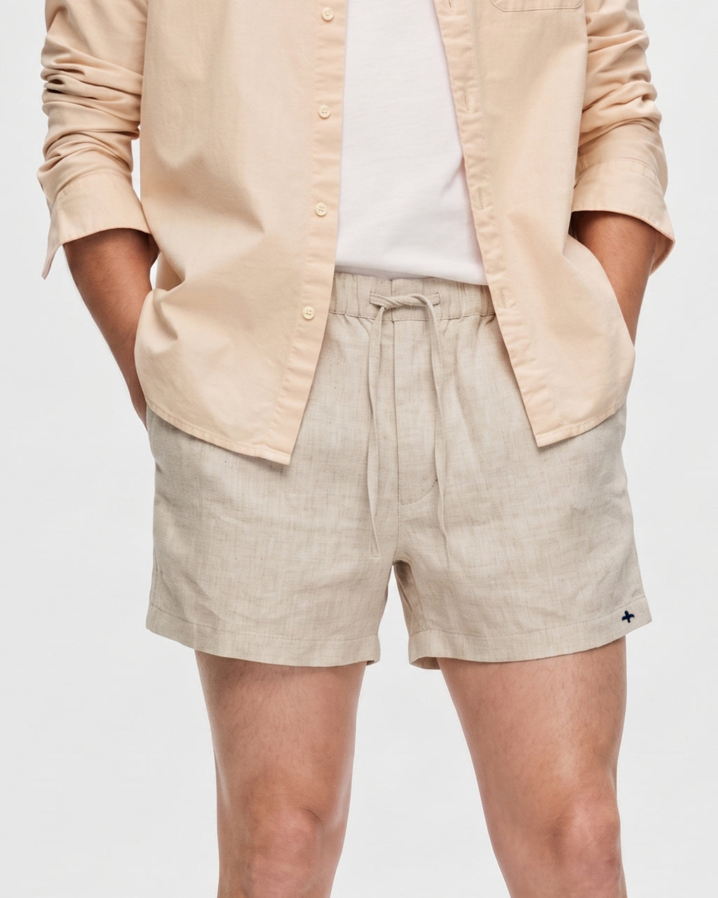 Men's Beige Pure Linen Drawstring Shorts