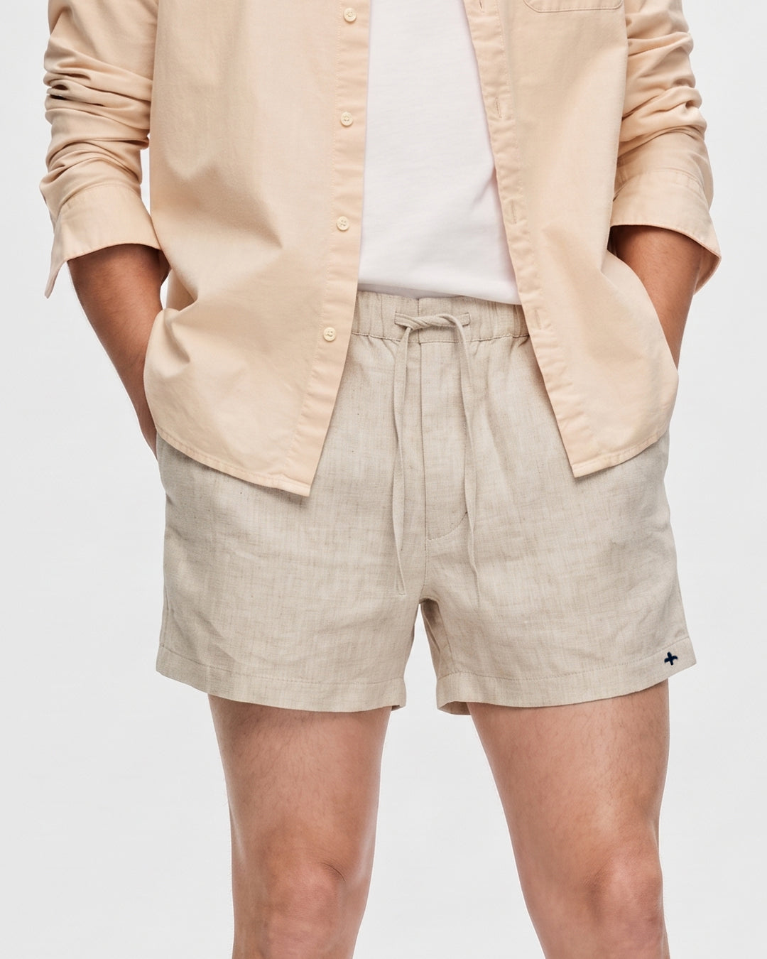 Men's Beige Pure Linen Drawstring Shorts