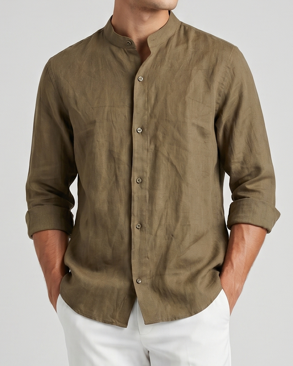 Men’s Pure Linen Band Collar Shirt