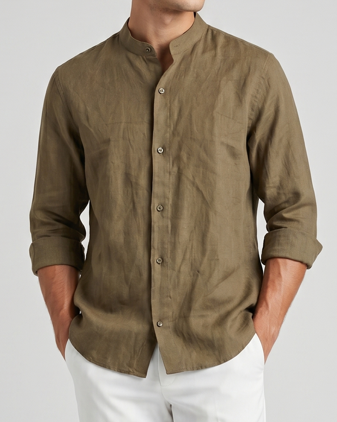 Men’s Pure Linen Band Collar Shirt