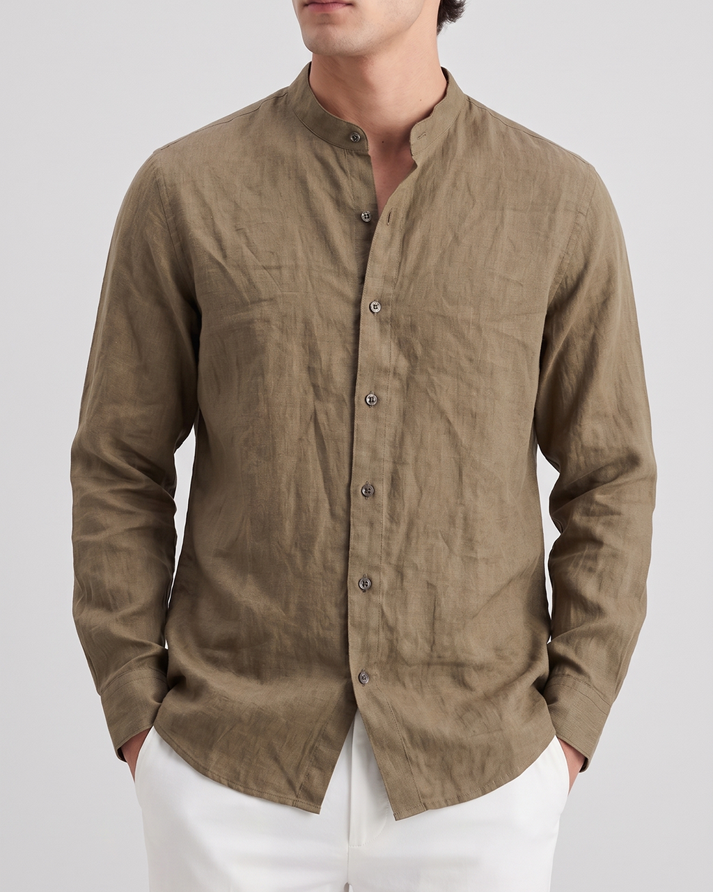Men’s Pure Linen Band Collar Shirt