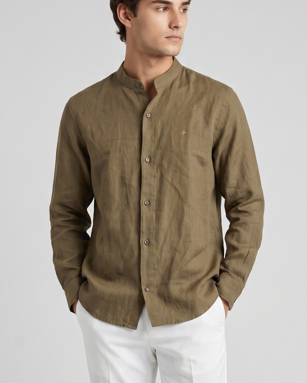 Men’s Pure Linen Band Collar Shirt