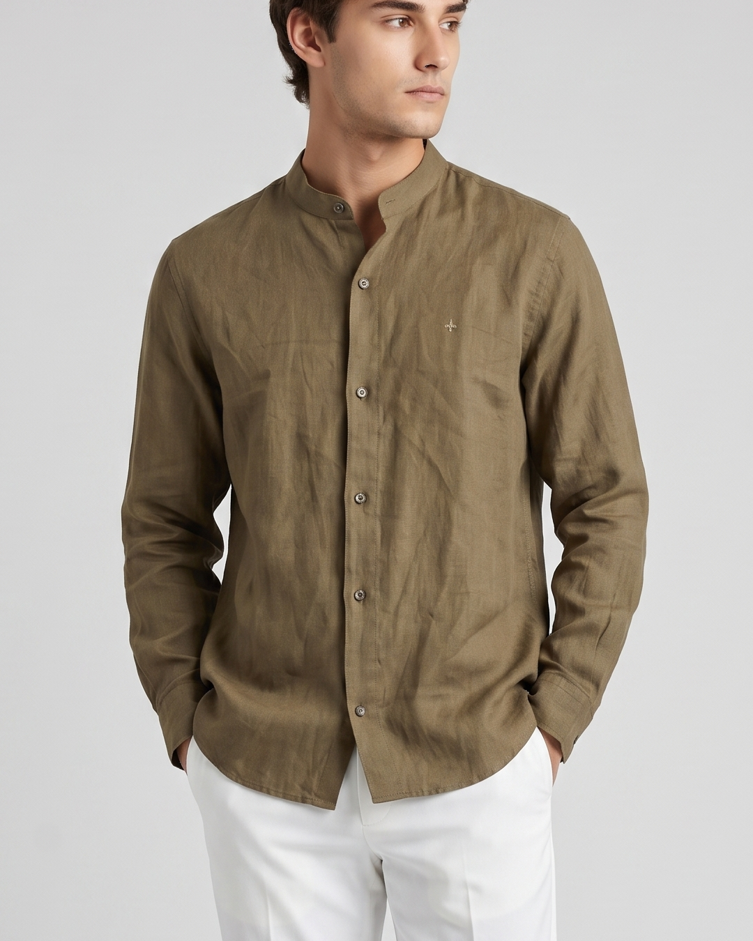Men’s Pure Linen Band Collar Shirt