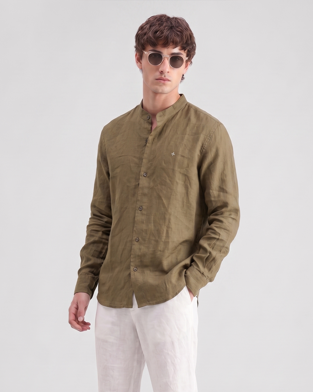 Men’s Pure Linen Band Collar Shirt
