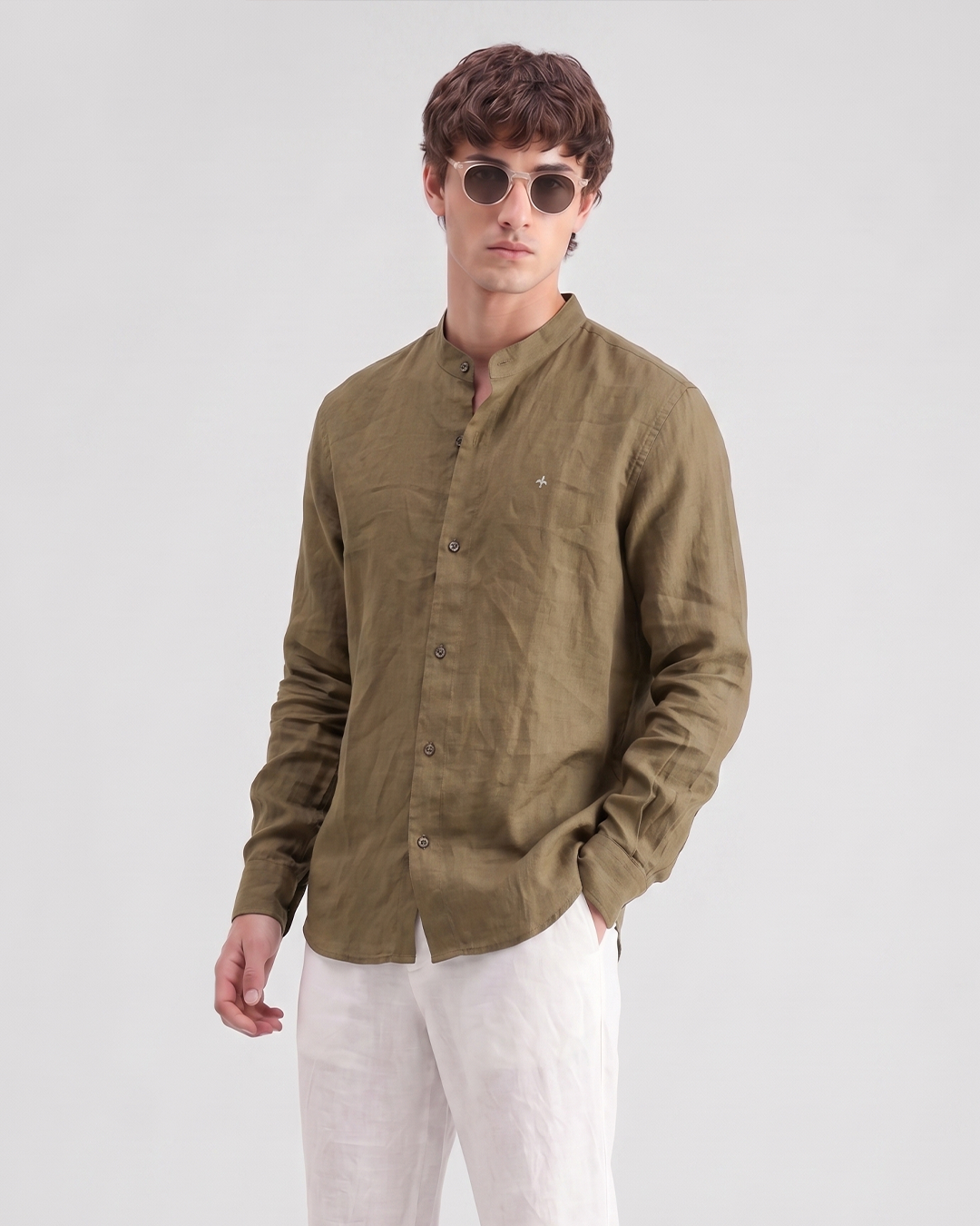 Men’s Pure Linen Band Collar Shirt