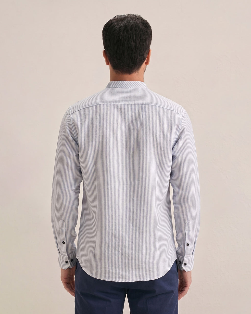 Men's White Navy Stripe Linen Henley Shirt