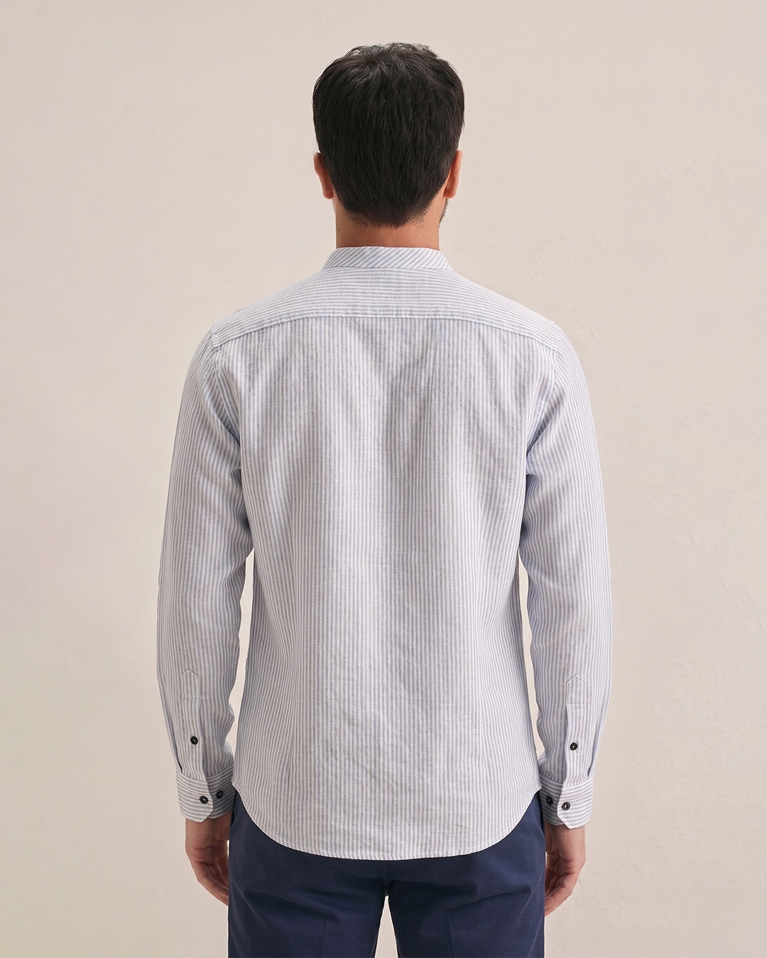 Men's White Navy Stripe Linen Henley Shirt