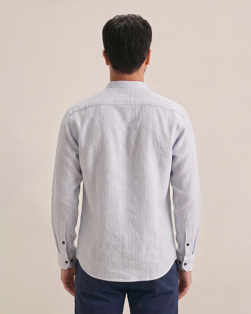 Men's White Navy Stripe Linen Henley Shirt