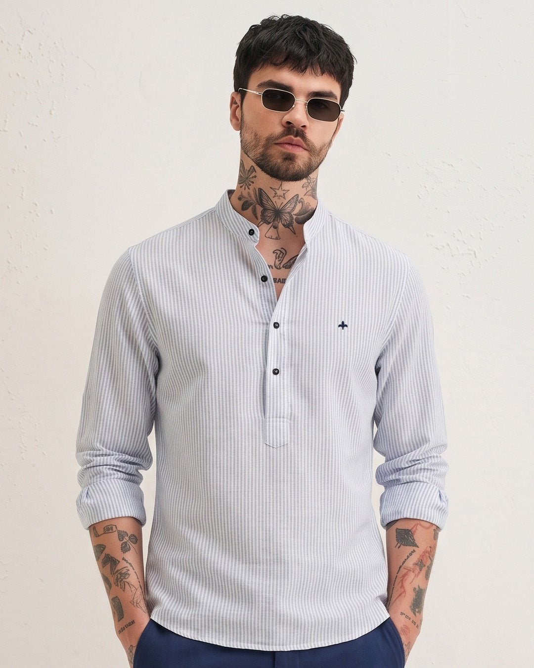 Men's White Navy Stripe Linen Henley Shirt