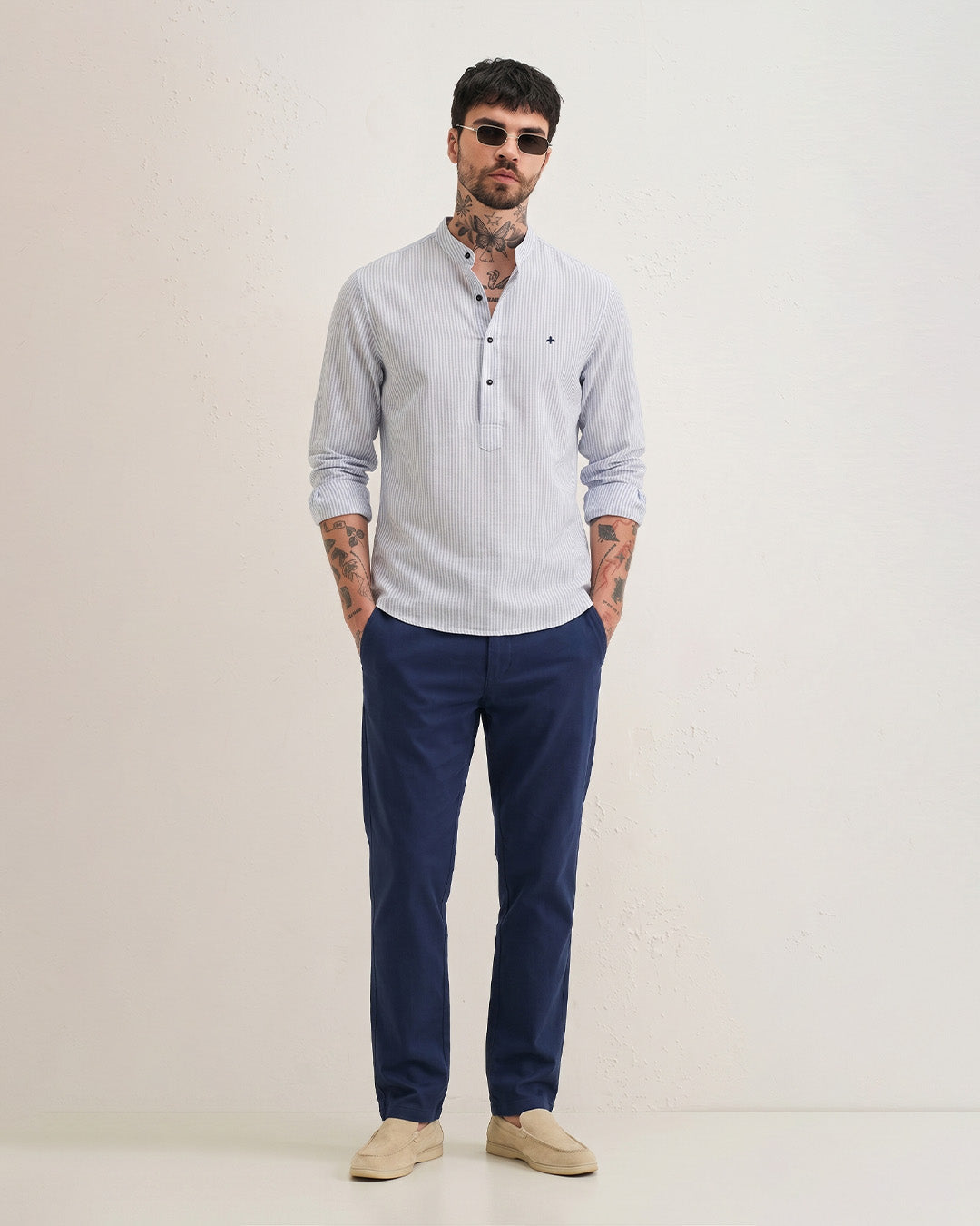 Men's White Navy Stripe Linen Henley Shirt