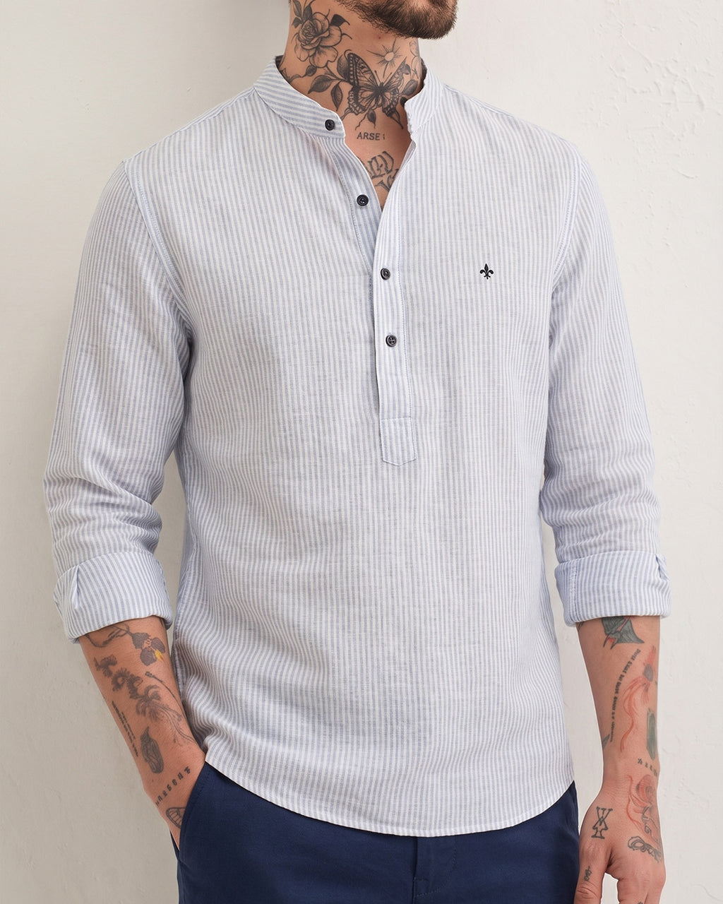 Men's White Navy Stripe Linen Henley Shirt