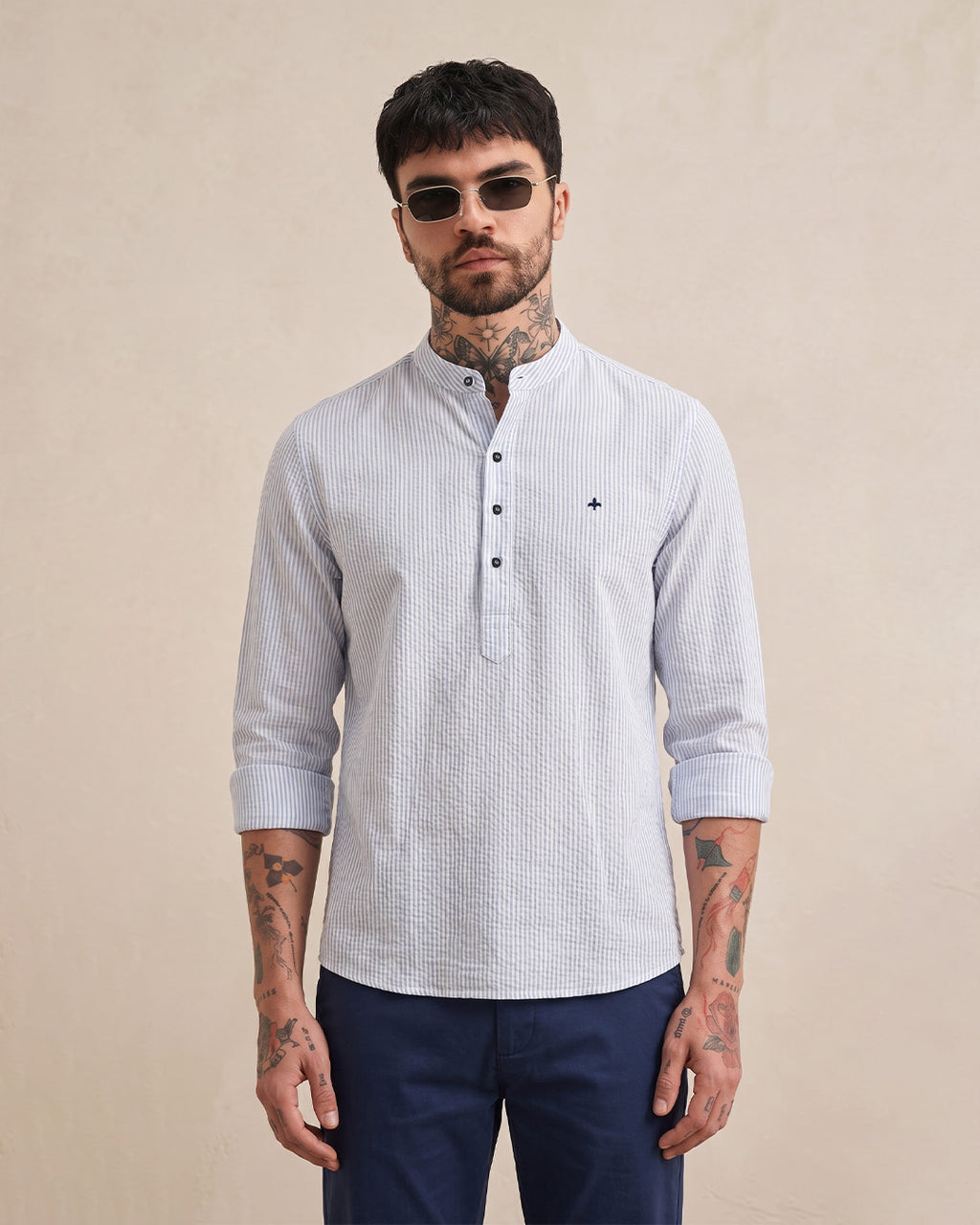 Men's White Navy Stripe Linen Henley Shirt