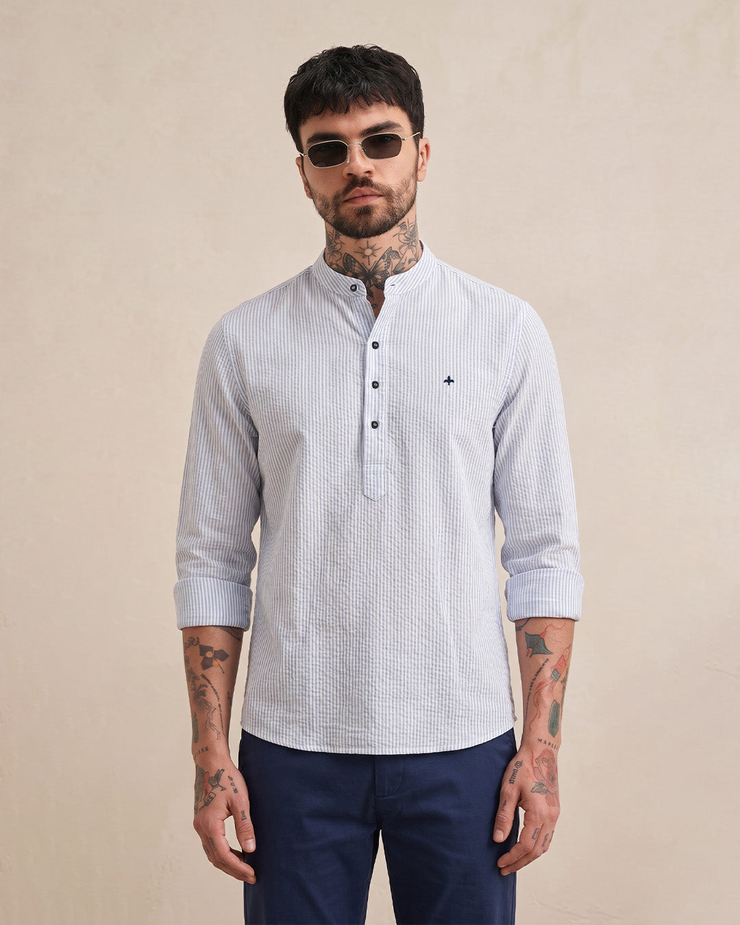 Men's White Navy Stripe Linen Henley Shirt