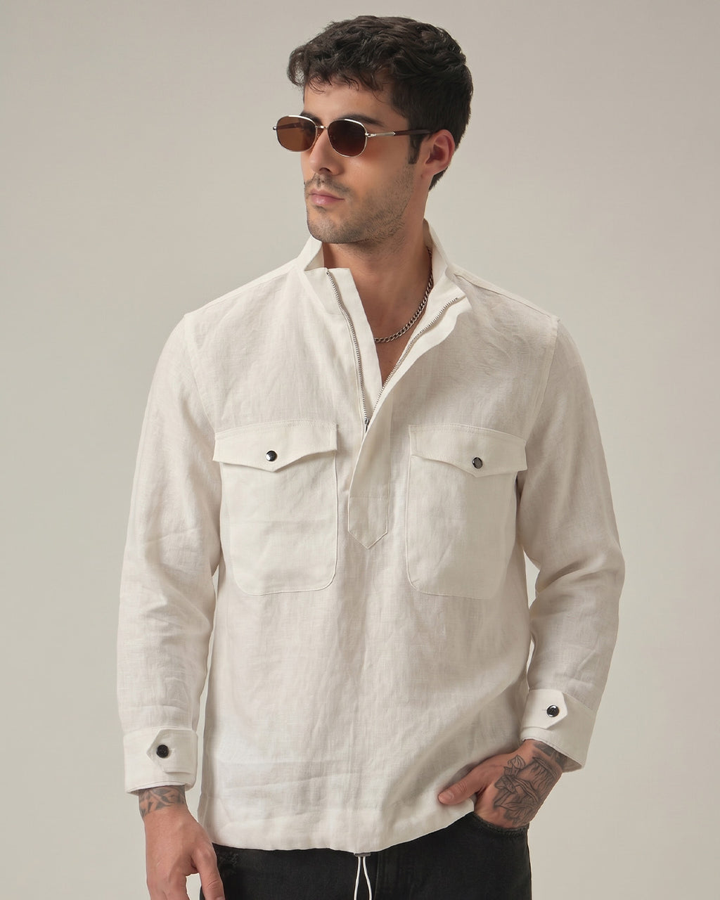 Men's White Pure Linen Pullover Shirt