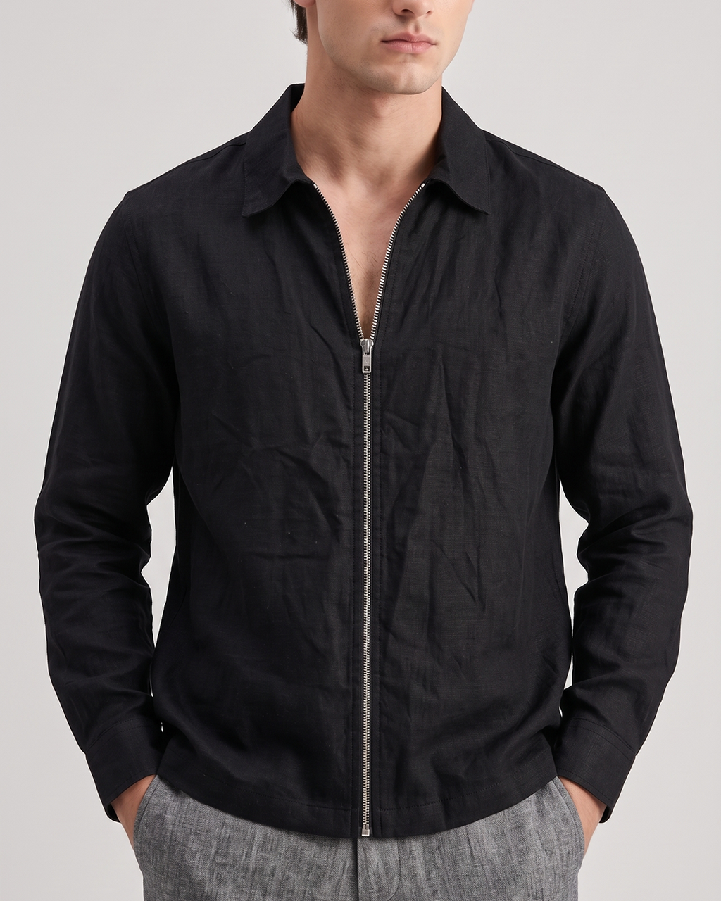 Men’s cotton linen Zip-Up Overshirt Jacket