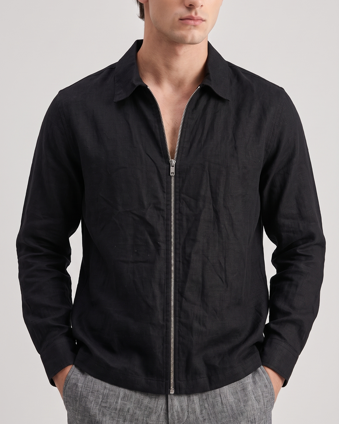 Men’s cotton linen Zip-Up Overshirt Jacket