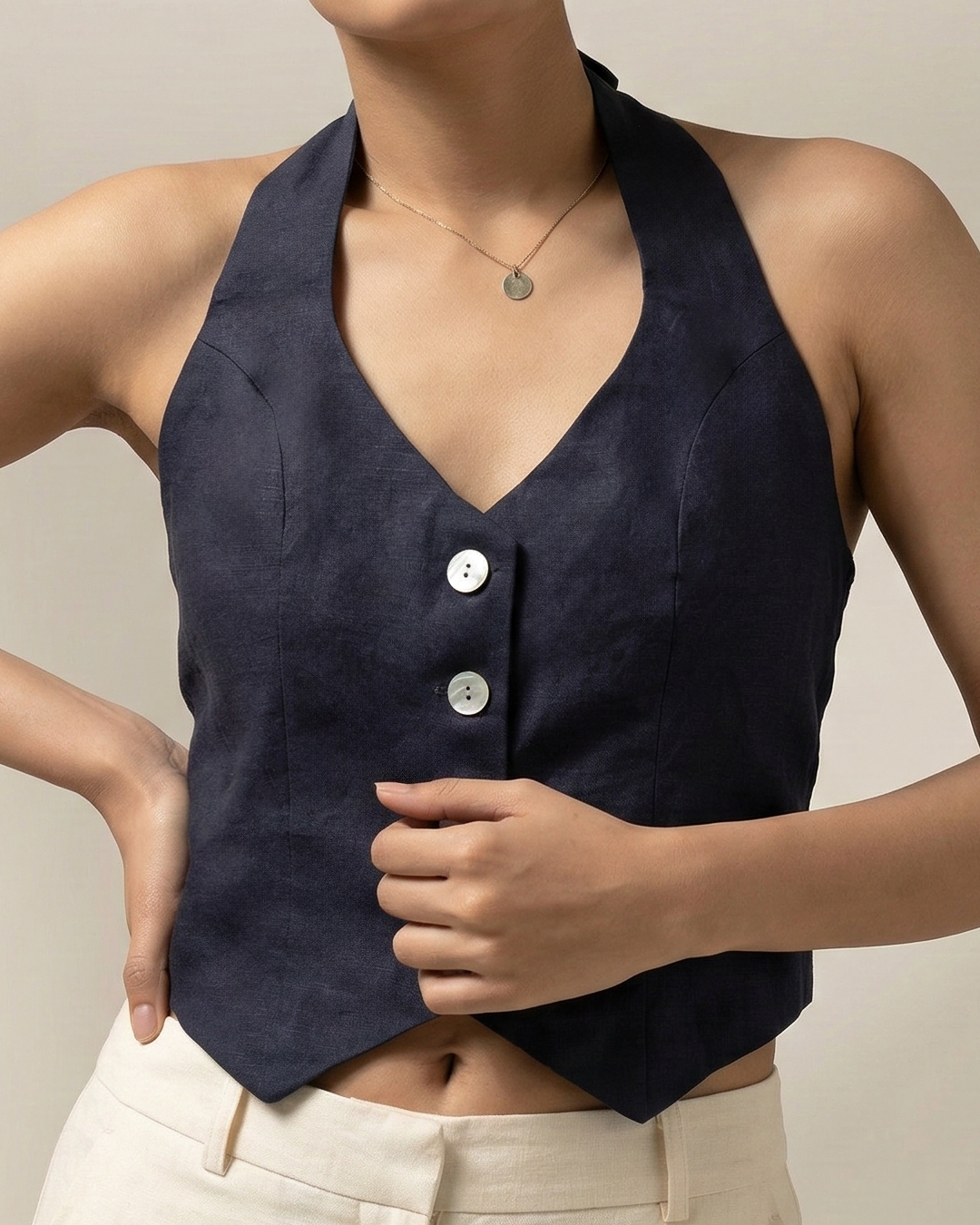Navy Blue Linen Halter Waistcoat