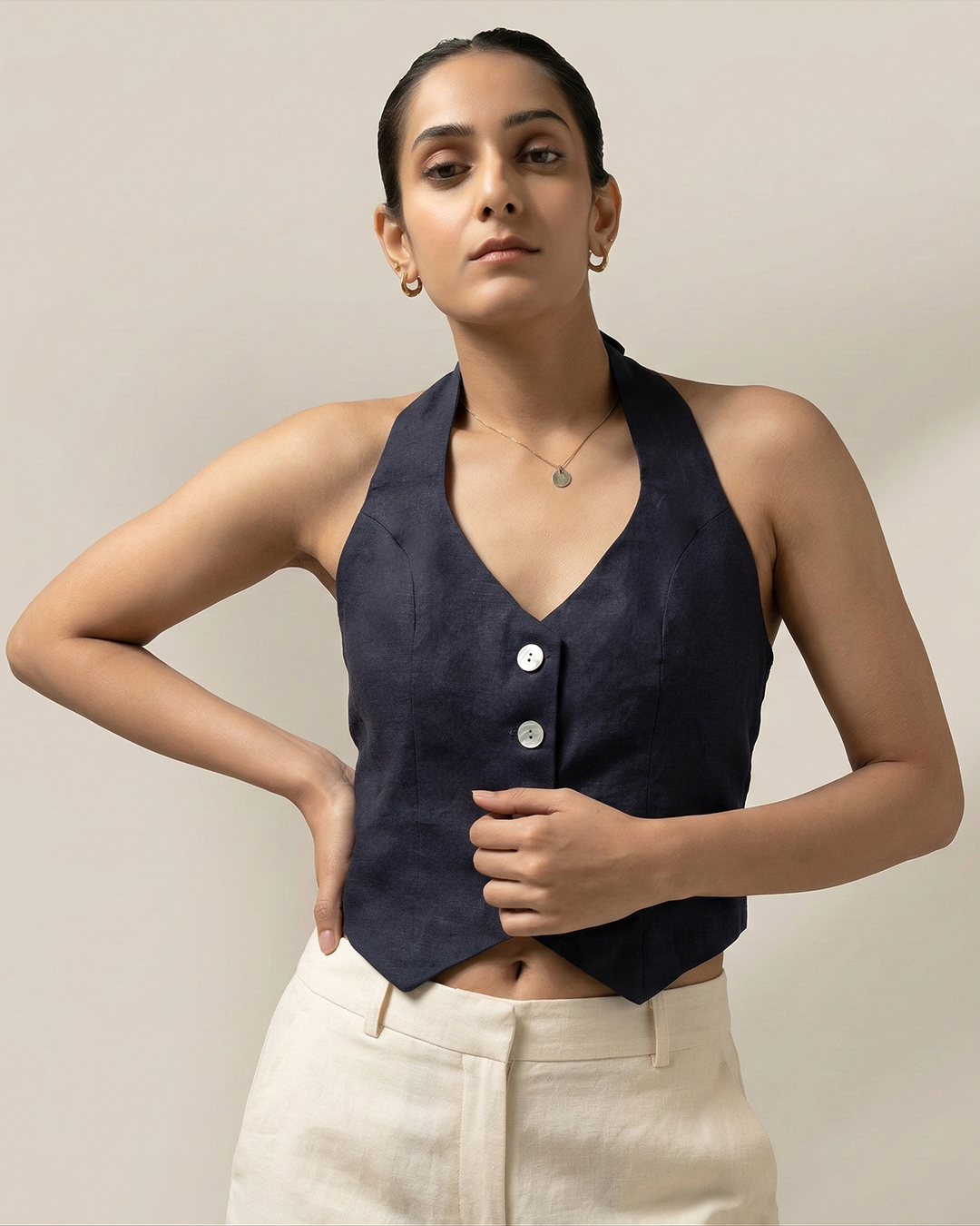Navy Blue Linen Halter Waistcoat