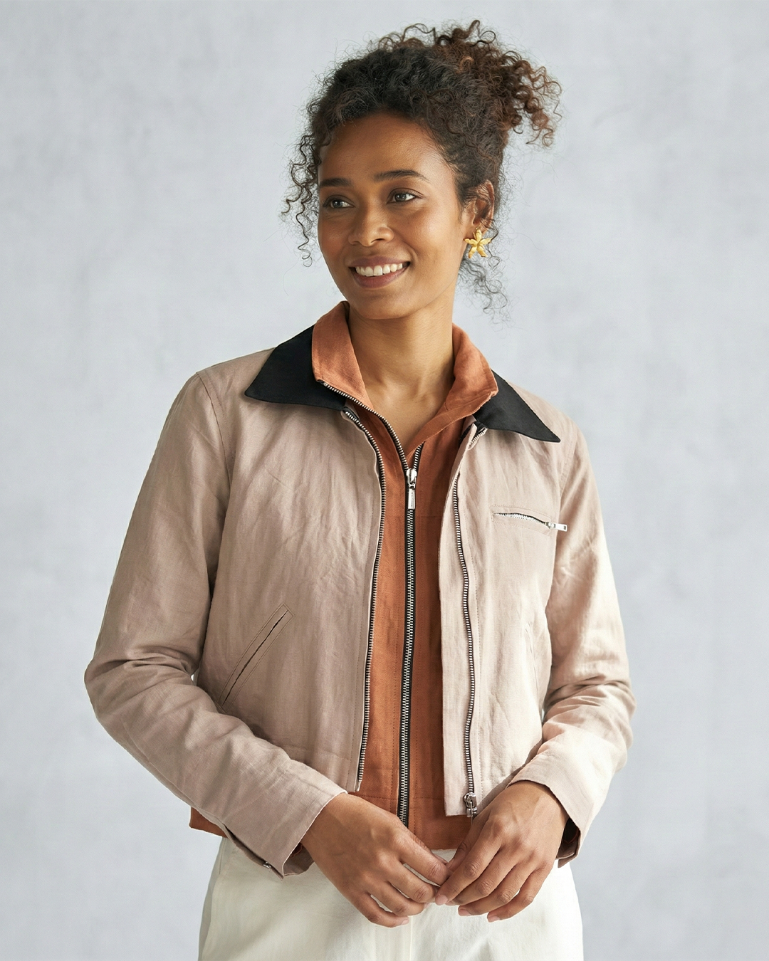Women's Cotton Linen Contrast Collar Jacket – Blush Beige