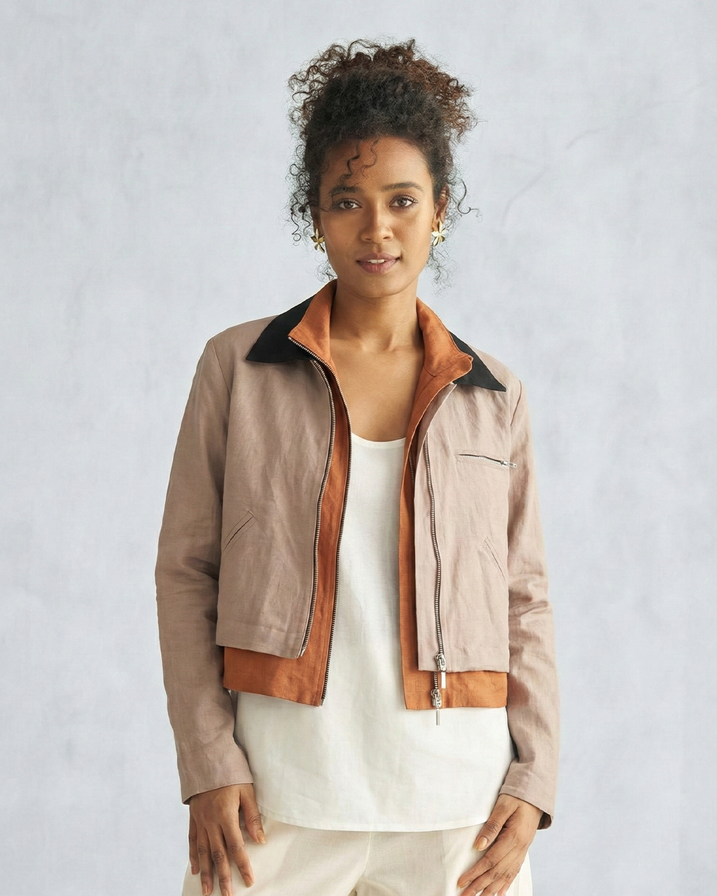 Women's Cotton Linen Contrast Collar Jacket – Blush Beige