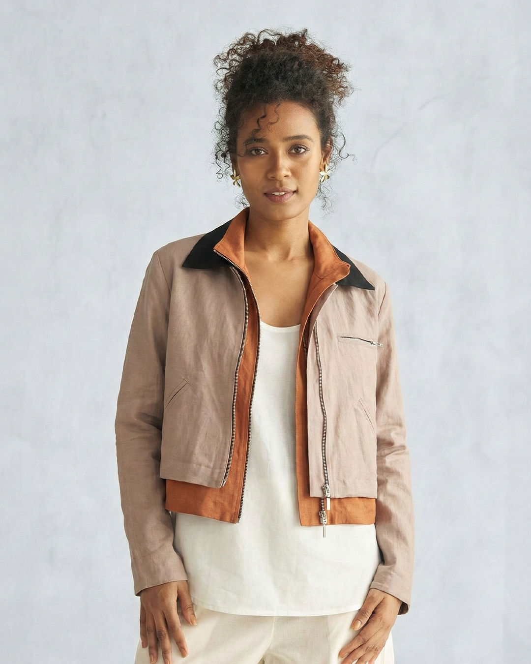 Women's Cotton Linen Contrast Collar Jacket – Blush Beige
