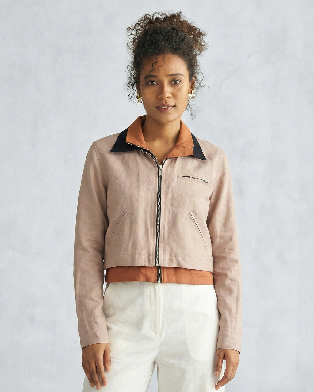 Women's Cotton Linen Contrast Collar Jacket – Blush Beige