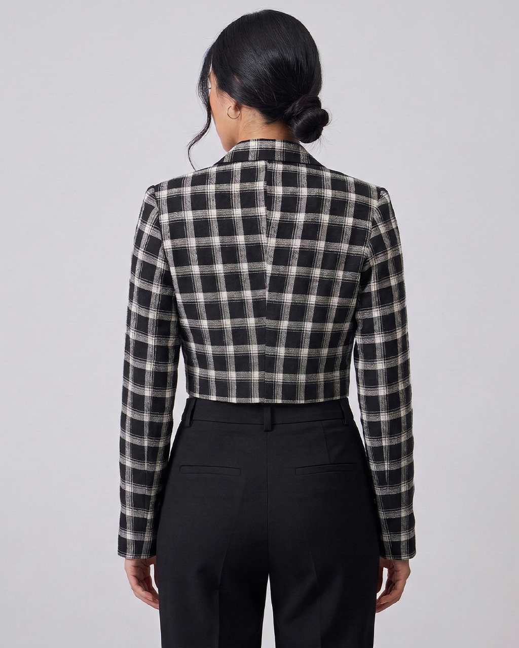 Women’s Pure Linen Plaid Crop Blazer – Black & White Check Lace-Up Front Jacket