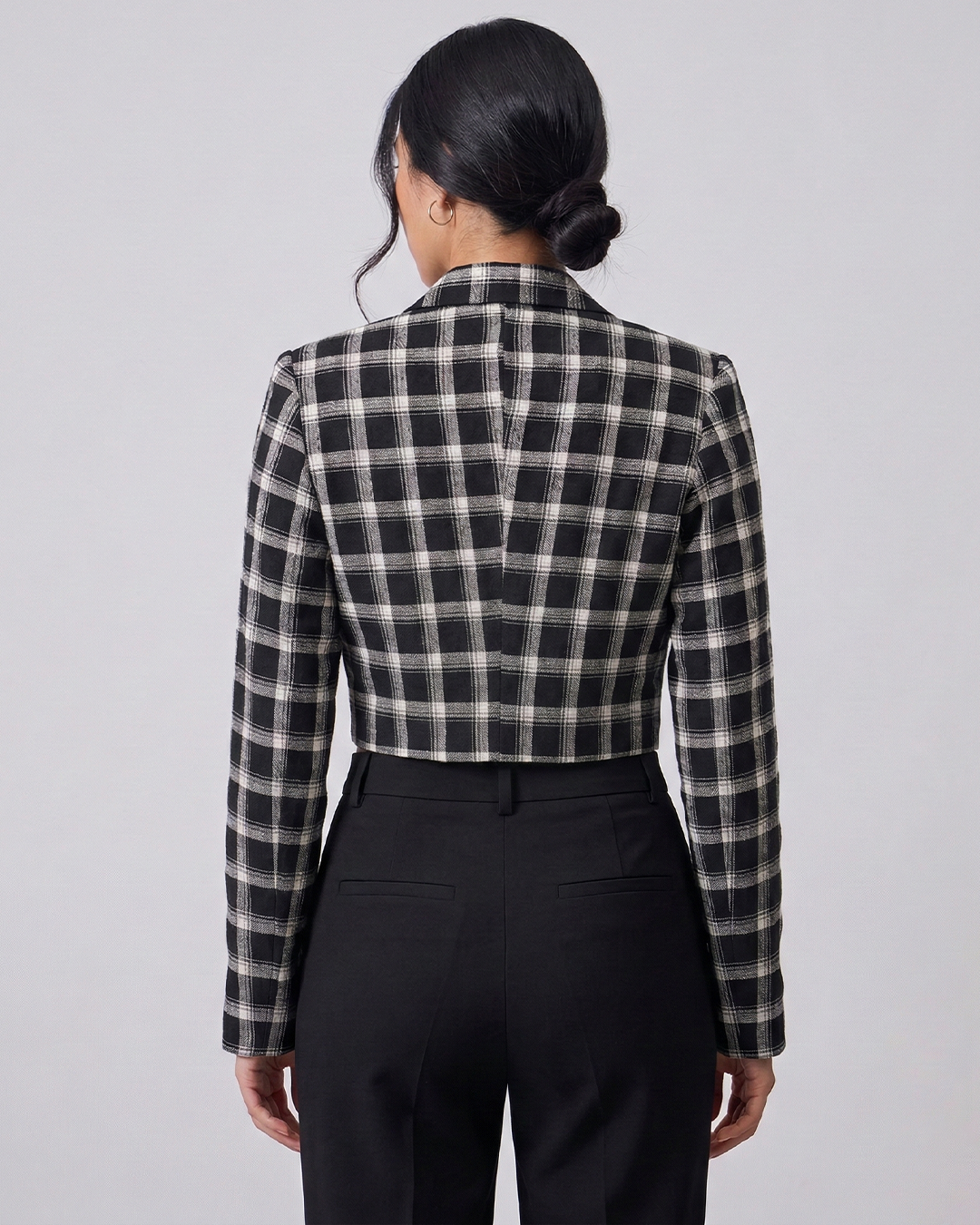 Women’s Pure Linen Plaid Crop Blazer – Black & White Check Lace-Up Front Jacket