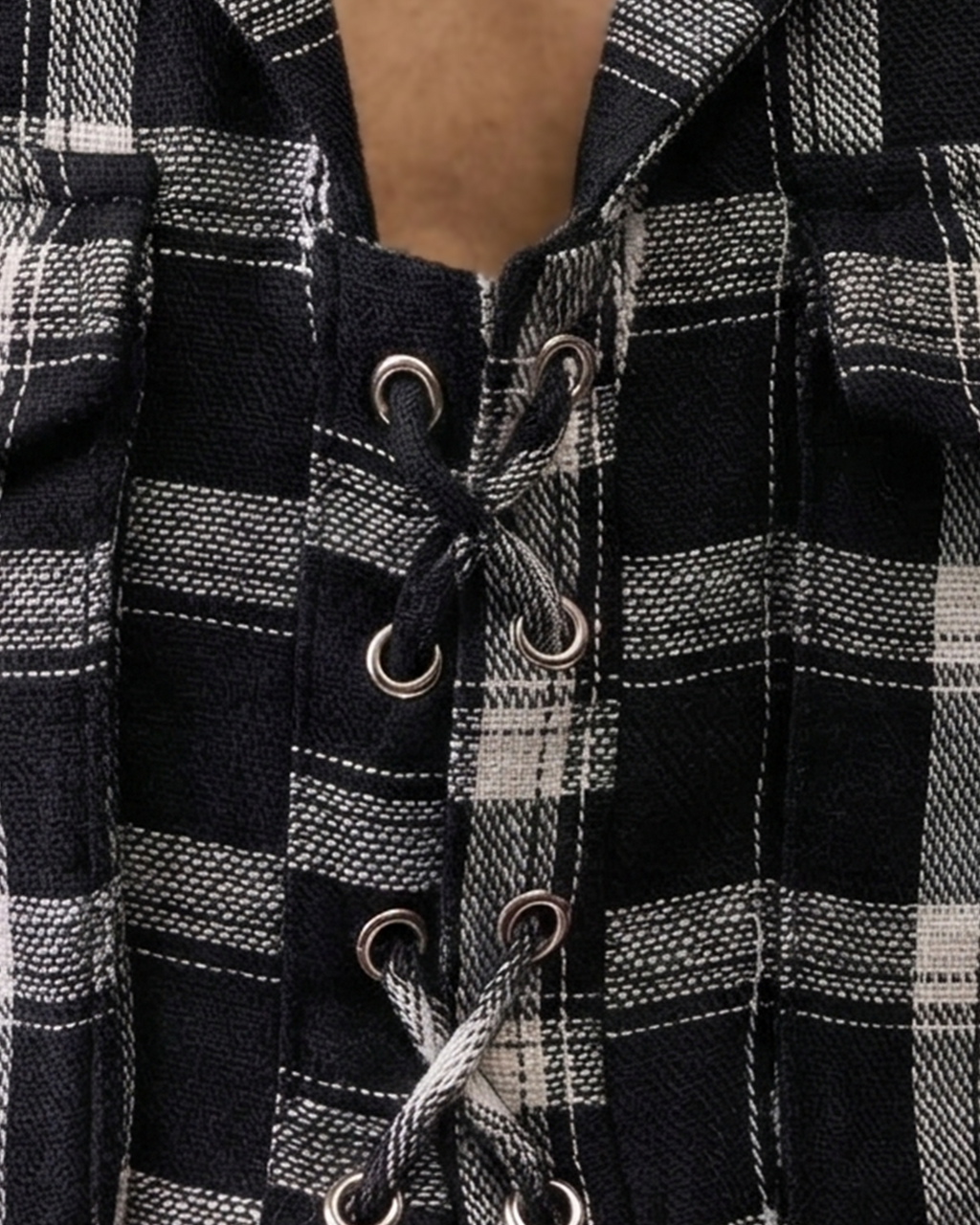 Women’s Pure Linen Plaid Crop Blazer – Black & White Check Lace-Up Front Jacket