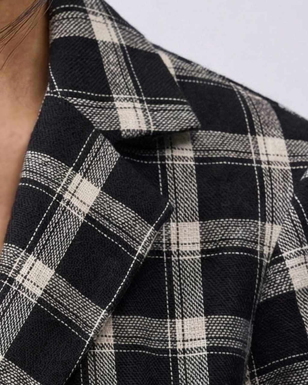 Women’s Pure Linen Plaid Crop Blazer – Black & White Check Lace-Up Front Jacket