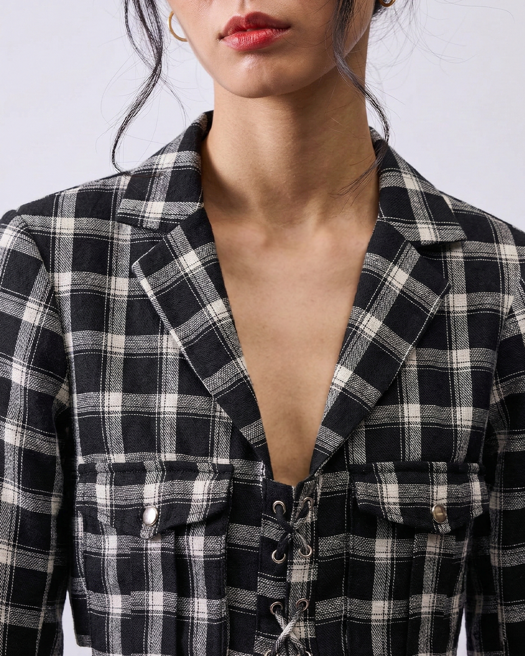 Women’s Pure Linen Plaid Crop Blazer – Black & White Check Lace-Up Front Jacket