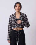 Women’s Pure Linen Plaid Crop Blazer – Black & White Check Lace-Up Front Jacket