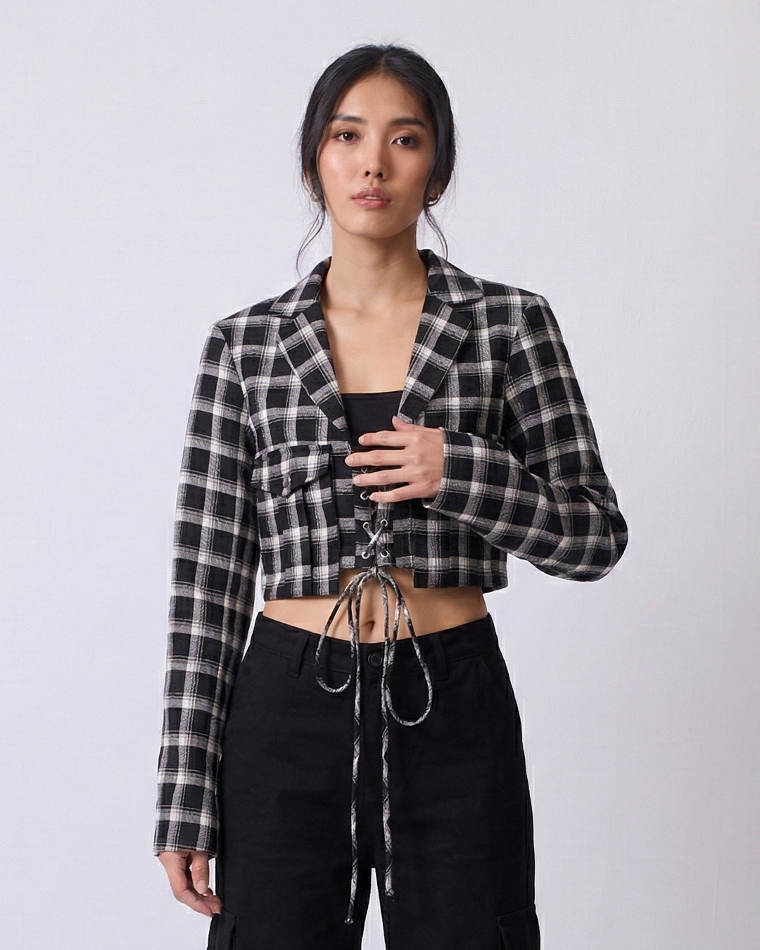 Women’s Pure Linen Plaid Crop Blazer – Black & White Check Lace-Up Front Jacket