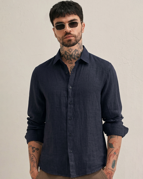 AERAA men navy linen shirt front view casual button down 