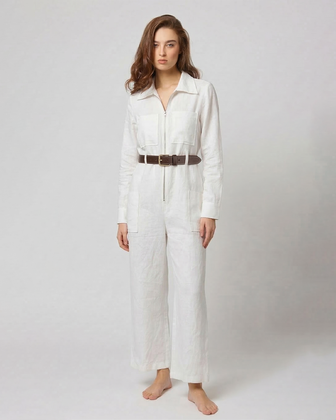 AERAA women off white utility jumpsuit front view belted fit